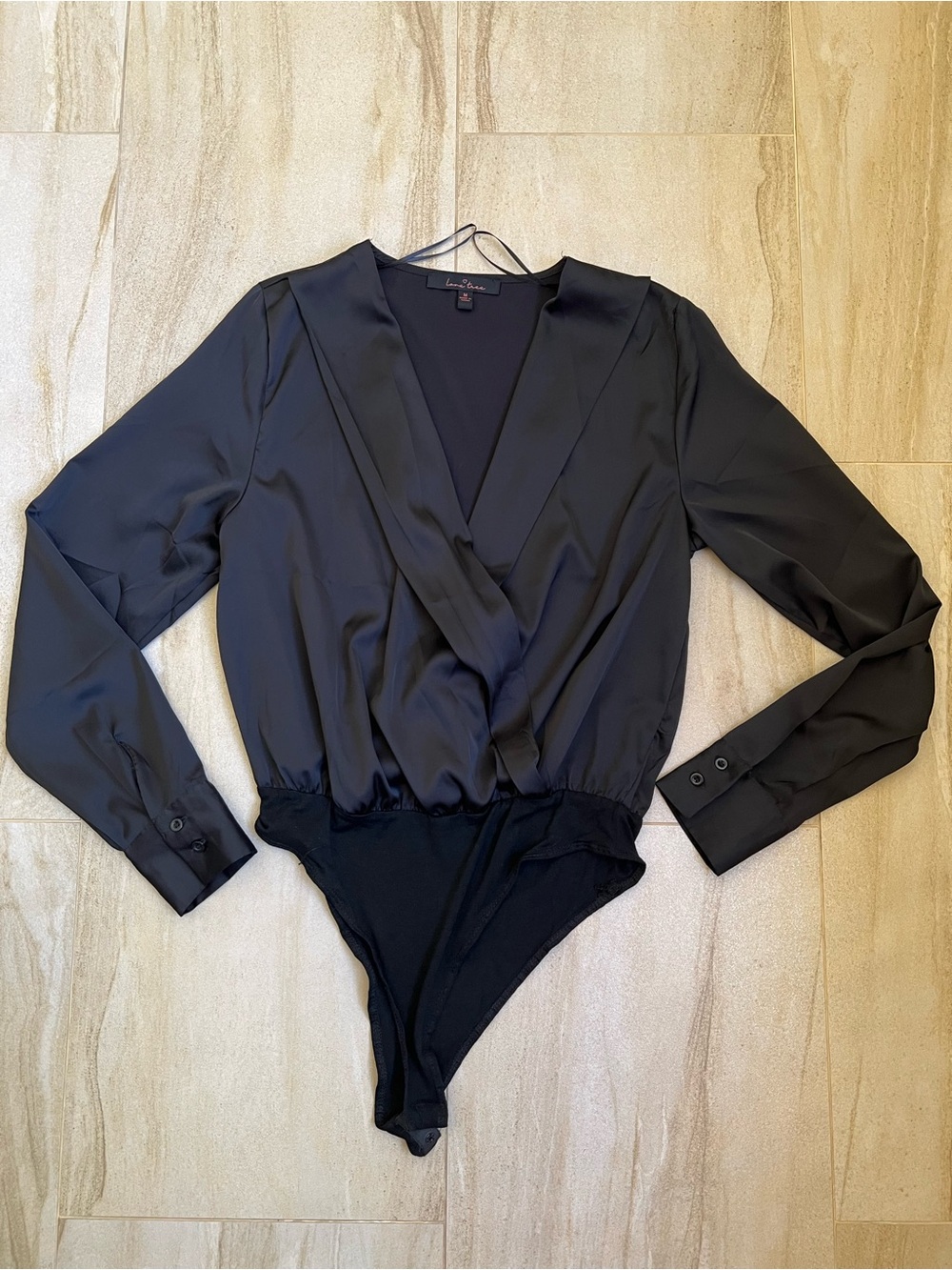 Love Tree Black Satin Long-Sleeve Wrap Bodysuit